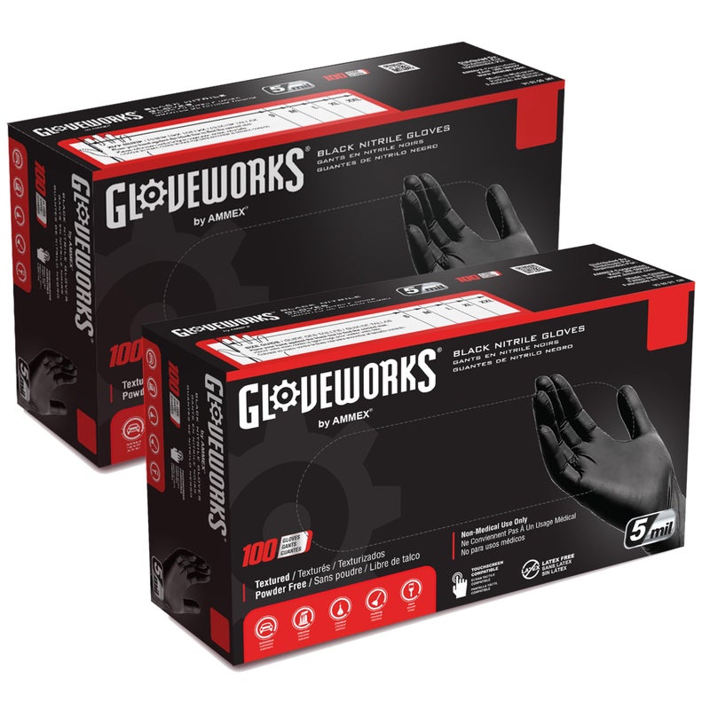 GLOVEWORKS Black Disposable Nitrile Industrial Gloves 5 Mil Latex PowderFree FoodSafe Textured Small 2 Boxes of 100